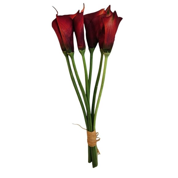 Artificial Burgundy Red Calla Lily Stems Green Wrapped Bundle of 6 Faux Flowers - Picture 1 of 8
